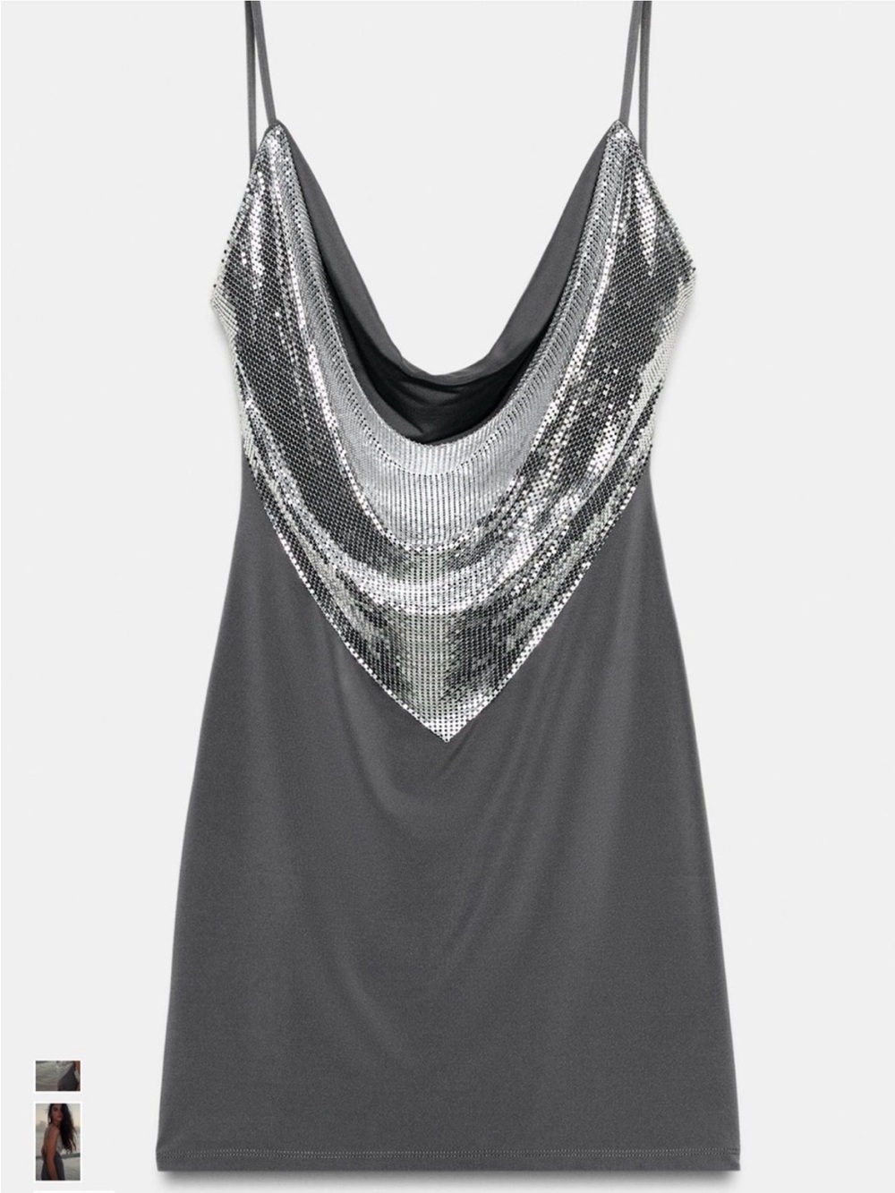 Zara Gray Mini Dress with Silver Sequin Draped Neckline